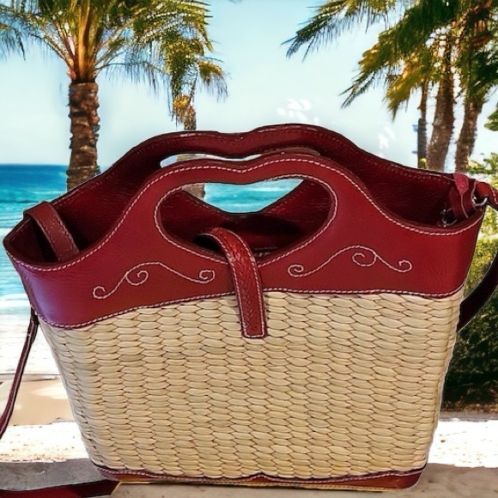 Brighton Straw & Red Leather Top Stitch Bucket Handbag Shoulder Strap Cr… - Picture 4 of 14